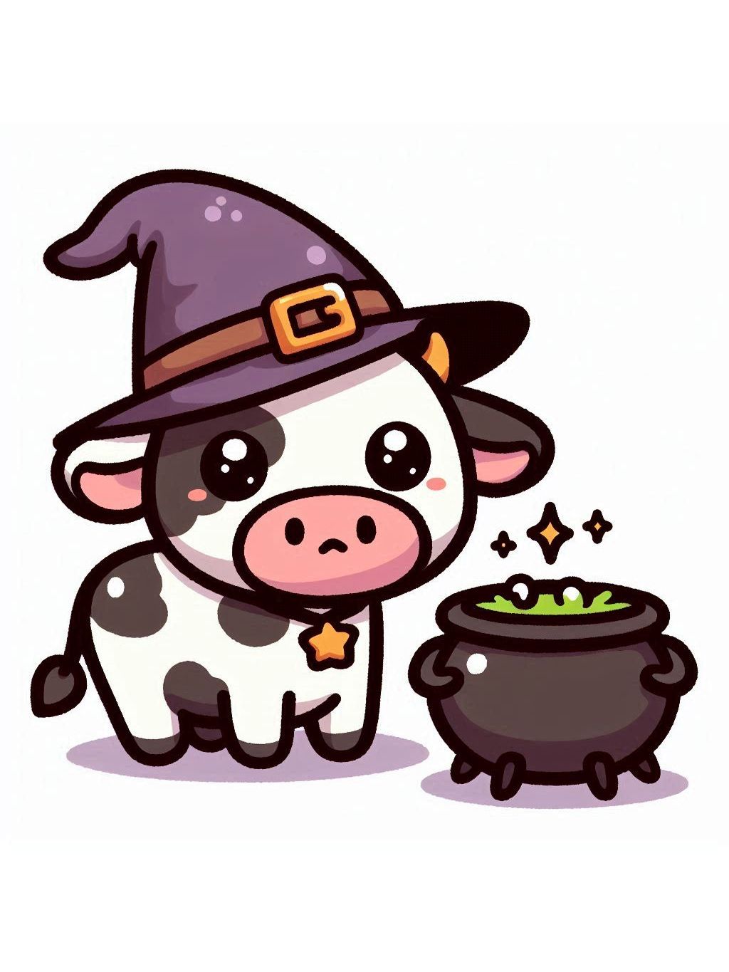 halloween cute animals drawings; a cartoon witchy cow wearing a purple hat beside a bubbling cauldron.